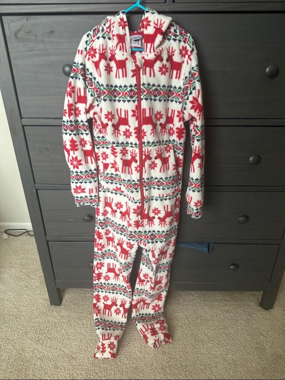 Hanna Andersson Red and White Reindeer Holiday Fleece One-Piece Pajamas